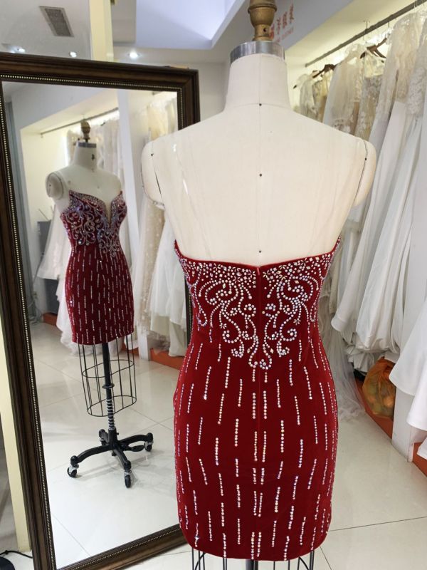 2025 New custom sexy red crystal hot fixed stone deep V-neck mini tight skirt women's sleeveless backless slim homecoming dress