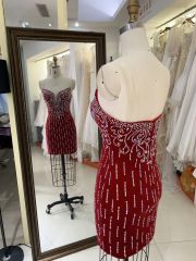 2025 New custom sexy red crystal hot fixed stone deep V-neck mini tight skirt women's sleeveless backless slim homecoming dress