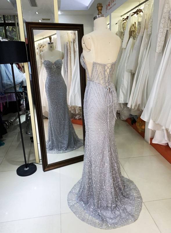 Best selling Sexy dinner party glitter diamond rhinestone crystal bead sleeveless mesh ball gown evening dress