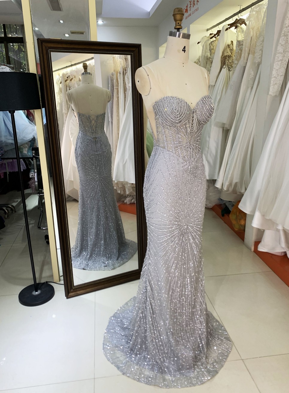 Best selling Sexy dinner party glitter diamond rhinestone crystal bead sleeveless mesh ball gown evening dress