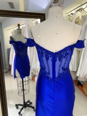 2025 Latest fashion design royal blue off shoulder Rhinestones zipper Back Soft evening wholesale prom dress