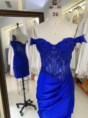 2025 Latest fashion design royal blue off shoulder Rhinestones zipper Back Soft evening wholesale prom dress