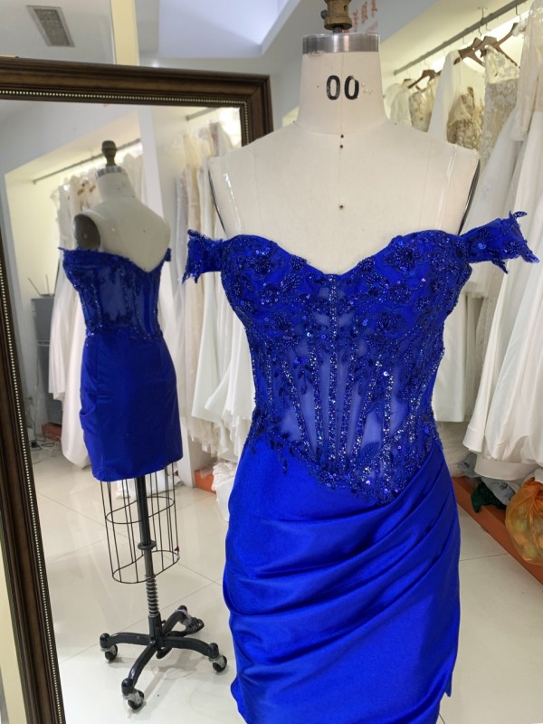 2025 Latest fashion design royal blue off shoulder Rhinestones zipper Back Soft evening wholesale prom dress