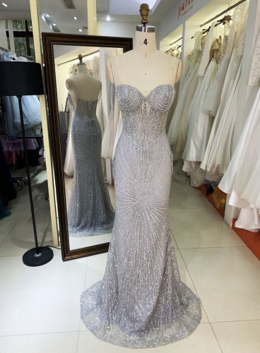Best selling Sexy dinner party glitter diamond rhinestone crystal bead sleeveless mesh ball gown evening dress