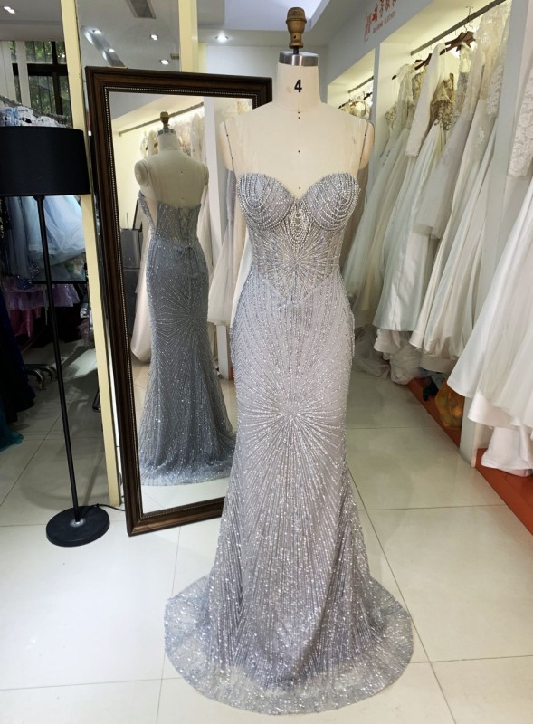 Best selling Sexy dinner party glitter diamond rhinestone crystal bead sleeveless mesh ball gown evening dress