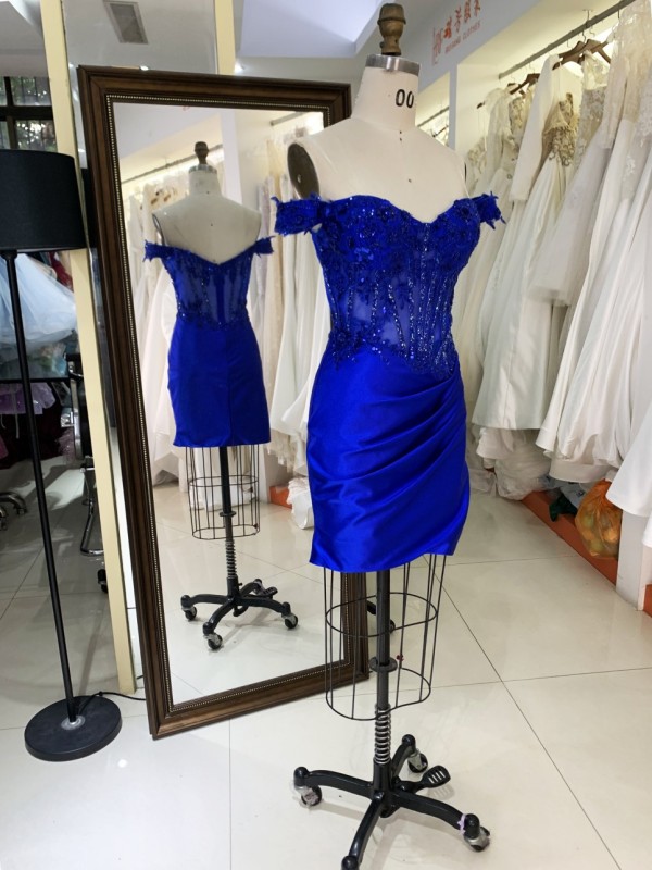 2025 Latest fashion design royal blue off shoulder Rhinestones zipper Back Soft evening wholesale prom dress