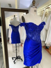 2025 Latest fashion design royal blue off shoulder Rhinestones zipper Back Soft evening wholesale prom dress