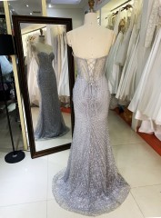 Best selling Sexy dinner party glitter diamond rhinestone crystal bead sleeveless mesh ball gown evening dress