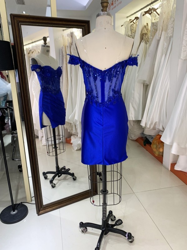 2025 Latest fashion design royal blue off shoulder Rhinestones zipper Back Soft evening wholesale prom dress