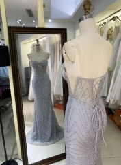 Best selling Sexy dinner party glitter diamond rhinestone crystal bead sleeveless mesh ball gown evening dress