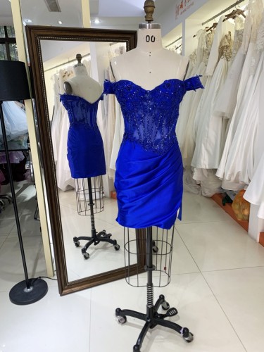 2025 Latest fashion design royal blue off shoulder Rhinestones zipper Back Soft evening wholesale prom dress