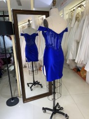 2025 Latest fashion design royal blue off shoulder Rhinestones zipper Back Soft evening wholesale prom dress