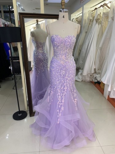 3D Sequin flowers sweetheart embroidery flower lace evening dress mermaid purple color lace up back custom prom dress