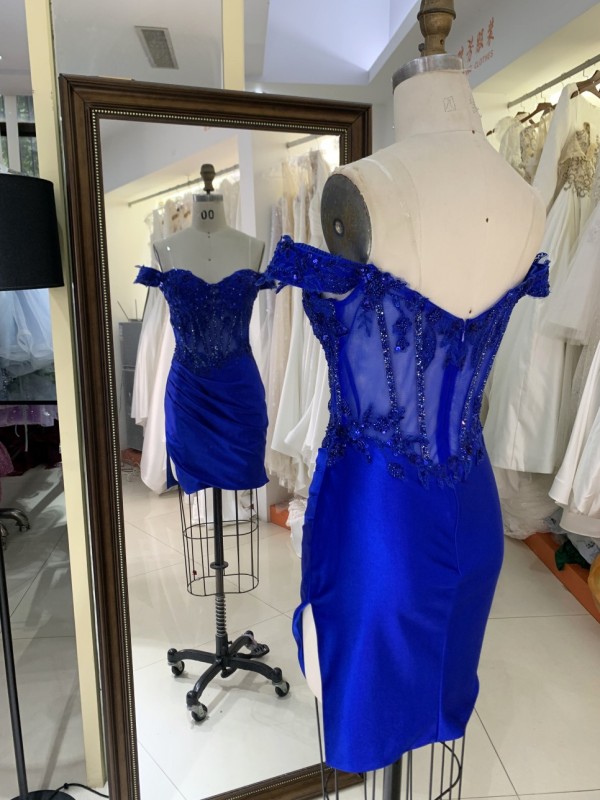 2025 Latest fashion design royal blue off shoulder Rhinestones zipper Back Soft evening wholesale prom dress