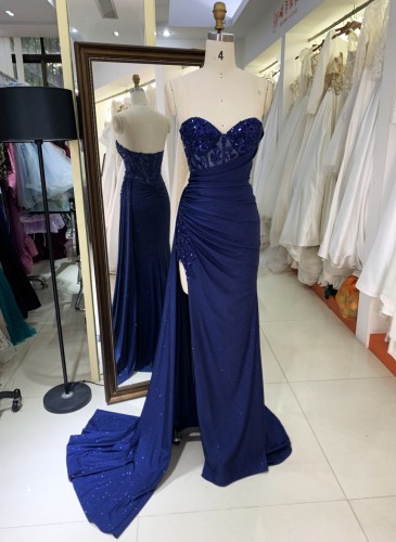 2025 Navy Blue Mermaid Corset Side sash sweetheart embroidery sequin shiny satin fitted gown with lace detail prom dress