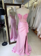 2025 Wholesale pink hand Beading Satin hand pleated Long Gown Fashion Elegant Women prom Evening Dresses With High Slit