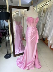 2025 Wholesale pink hand Beading Satin hand pleated Long Gown Fashion Elegant Women prom Evening Dresses With High Slit