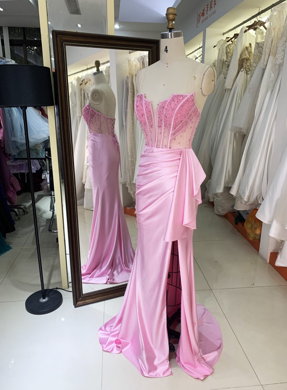 2025 Wholesale pink hand Beading Satin hand pleated Long Gown Fashion Elegant Women prom Evening Dresses With High Slit