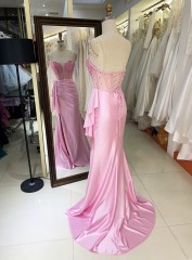 2025 Wholesale pink hand Beading Satin hand pleated Long Gown Fashion Elegant Women prom Evening Dresses With High Slit