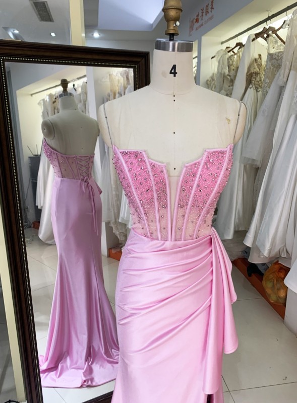 2025 Wholesale pink hand Beading Satin hand pleated Long Gown Fashion Elegant Women prom Evening Dresses With High Slit