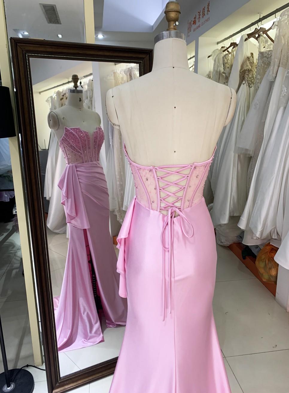 2025 Wholesale pink hand Beading Satin hand pleated Long Gown Fashion Elegant Women prom Evening Dresses With High Slit