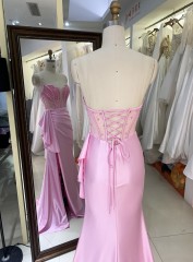 2025 Wholesale pink hand Beading Satin hand pleated Long Gown Fashion Elegant Women prom Evening Dresses With High Slit