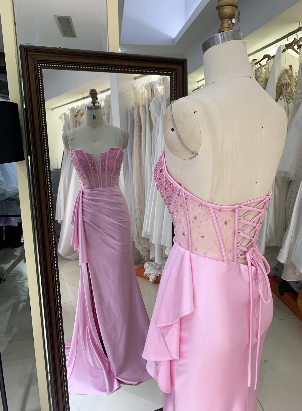 2025 Wholesale pink hand Beading Satin hand pleated Long Gown Fashion Elegant Women prom Evening Dresses With High Slit