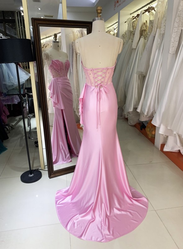 2025 Wholesale pink hand Beading Satin hand pleated Long Gown Fashion Elegant Women prom Evening Dresses With High Slit
