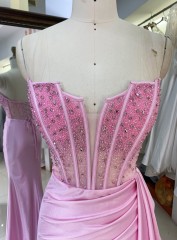 2025 Wholesale pink hand Beading Satin hand pleated Long Gown Fashion Elegant Women prom Evening Dresses With High Slit