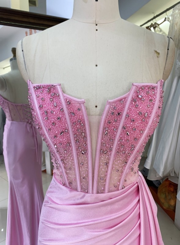 2025 Wholesale pink hand Beading Satin hand pleated Long Gown Fashion Elegant Women prom Evening Dresses With High Slit