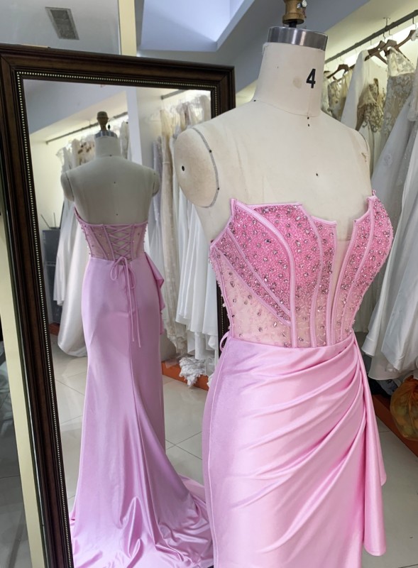 2025 Wholesale pink hand Beading Satin hand pleated Long Gown Fashion Elegant Women prom Evening Dresses With High Slit