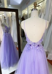 Purple V Neck Backless A Line Prom Dress embroidery beading ruffle Floor Length prom evening dresses