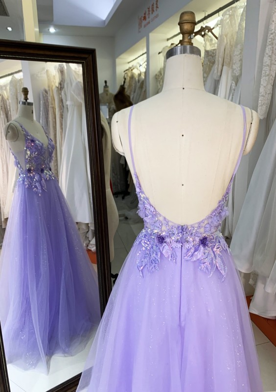Purple V Neck Backless A Line Prom Dress embroidery beading ruffle Floor Length prom evening dresses