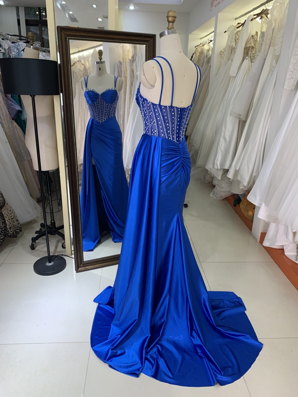 New Fashionable 2025 high quality elegant temperament slim Evening Dress Satin with Rhinestone royal blue color