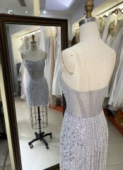 Sexy Rhinestone New fashion design Off The Shoulder Evening Prom Dress fringe dress luxury short silver evening dresses