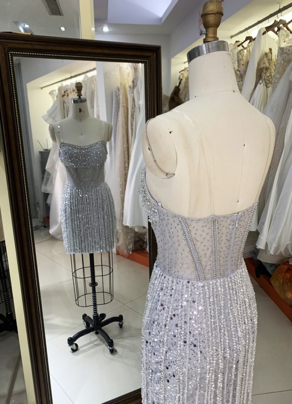 Sexy Rhinestone New fashion design Off The Shoulder Evening Prom Dress fringe dress luxury short silver evening dresses