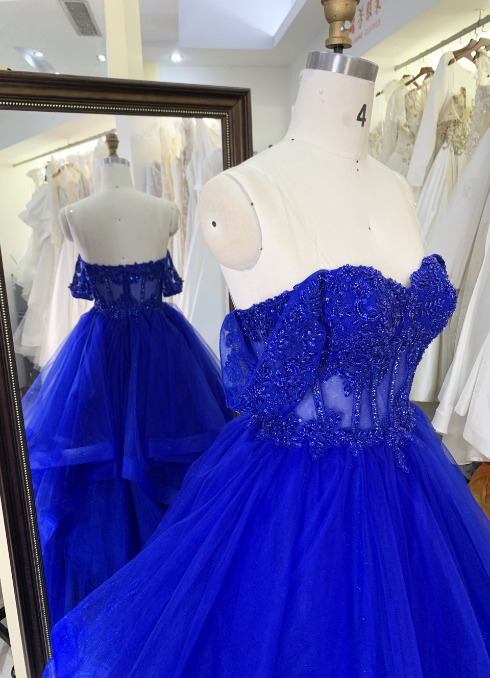 Luxury fashion Off The Shoulder wholesale corset royal blue embroidery beading ruffle skirt A line prom evening dresses