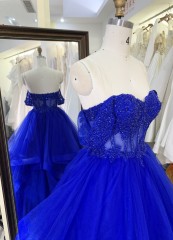 Luxury fashion Off The Shoulder wholesale corset royal blue embroidery beading ruffle skirt A line prom evening dresses