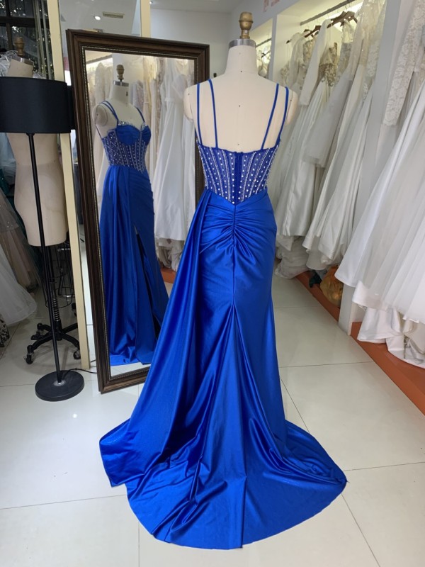 New Fashionable 2025 high quality elegant temperament slim Evening Dress Satin with Rhinestone royal blue color