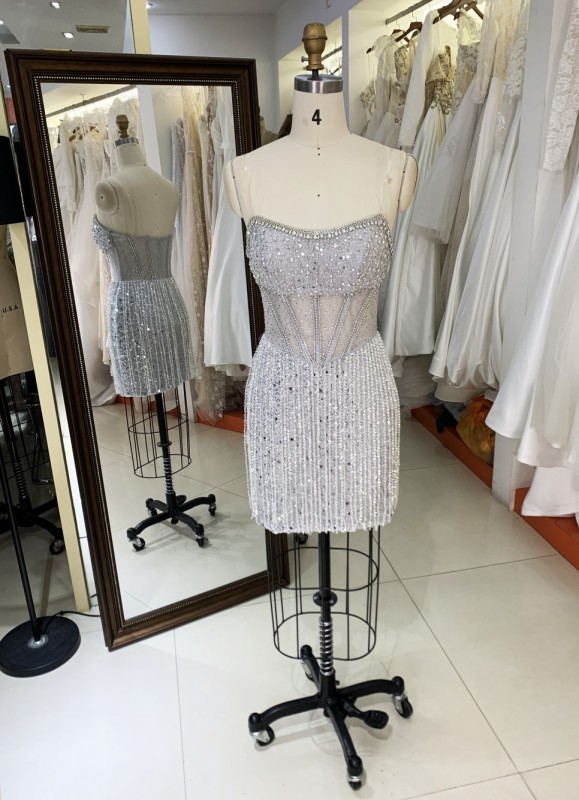 Sexy Rhinestone New fashion design Off The Shoulder Evening Prom Dress fringe dress luxury short silver evening dresses