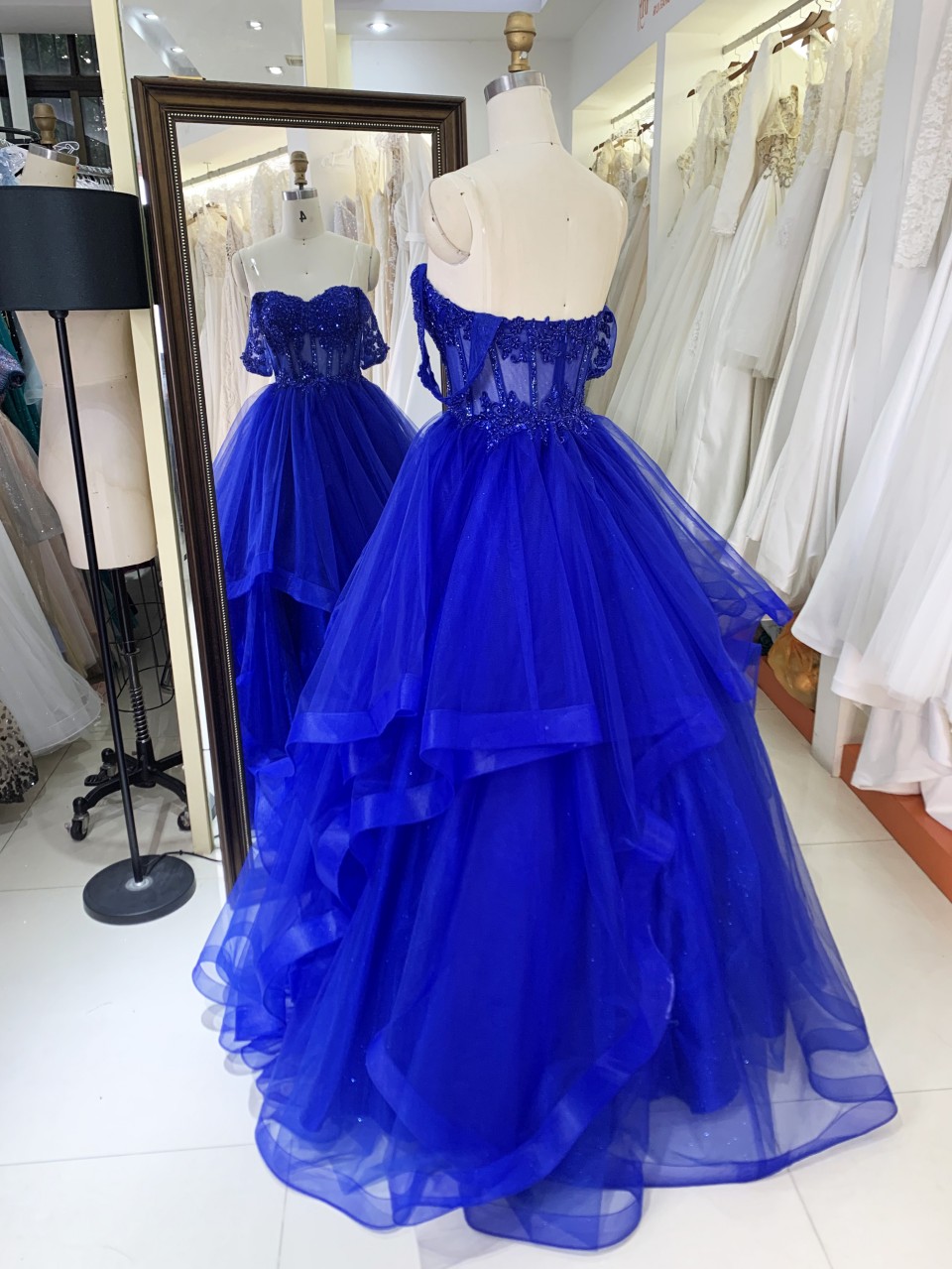 Luxury fashion Off The Shoulder wholesale corset royal blue embroidery beading ruffle skirt A line prom evening dresses