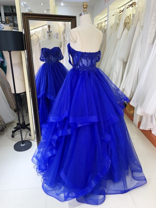 Luxury fashion Off The Shoulder wholesale corset royal blue embroidery beading ruffle skirt A line prom evening dresses