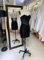 New Fashionable prom dresses Sexy Black corset sleeveless Evening Dress with rinhestone fringes dress For Party