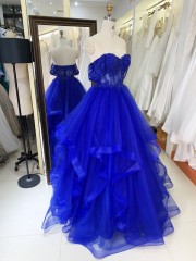 Luxury fashion Off The Shoulder wholesale corset royal blue embroidery beading ruffle skirt A line prom evening dresses
