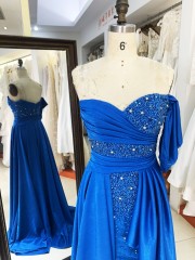 2025 high quality wholesale brand off shoulder handmade beads elegant women slim evening dress pleated style prom dress