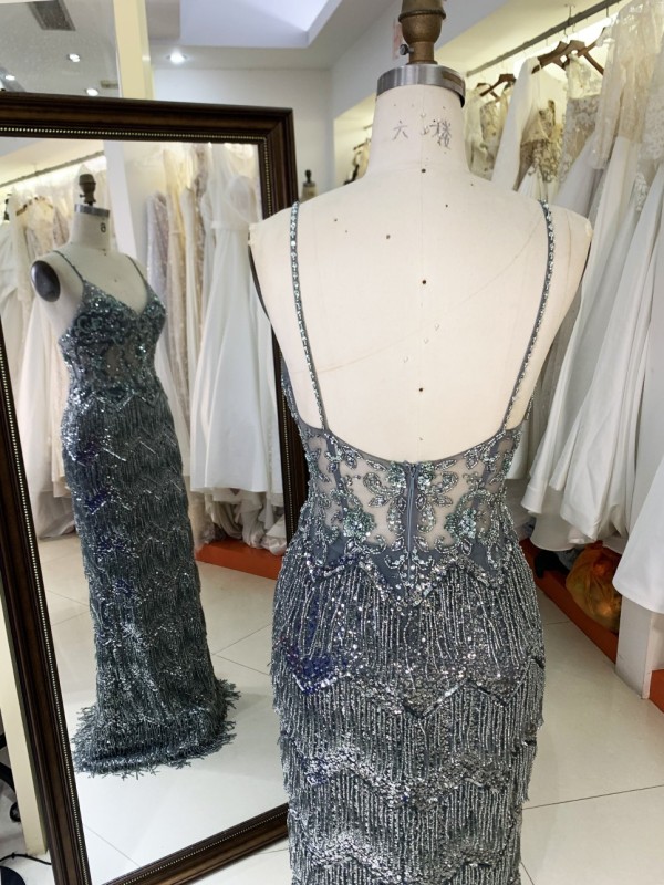 2025 V Neck Elegant Evening Prom Dress With Tassel Sequined Dress For Ladies Elegant Floor-length Dress with Beading