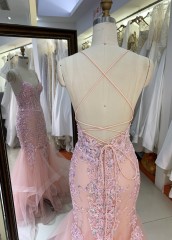 2025 Fashion custom pink sexy mermaid gowns prom evening dress embroidered flower lace boning design prom dress