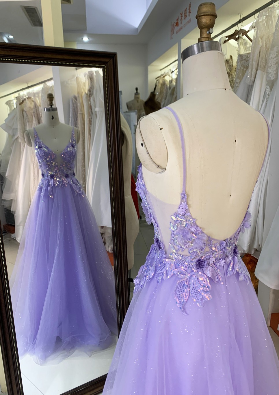 Purple V Neck Backless A Line Prom Dress embroidery beading ruffle Floor Length prom evening dresses