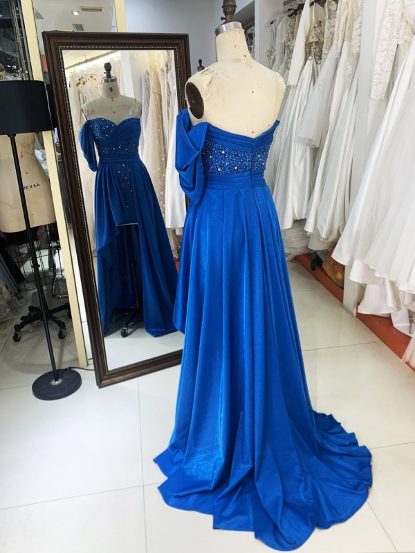 2025 high quality wholesale brand off shoulder handmade beads elegant women slim evening dress pleated style prom dress