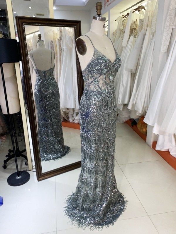 2025 V Neck Elegant Evening Prom Dress With Tassel Sequined Dress For Ladies Elegant Floor-length Dress with Beading